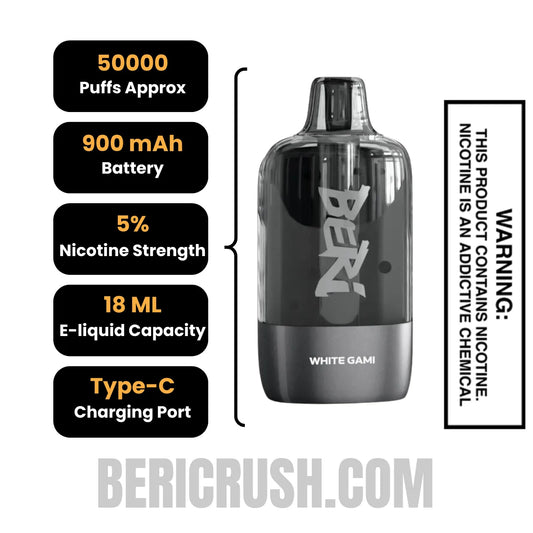 White Gami Beri Cliq 50K Disposable Vape Pod Specifications White Gami Beri Cliq 50K Disposable Vape Pod Specifications