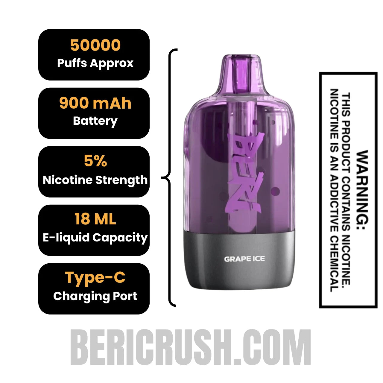 Grape Ice Beri Cliq 50K Disposable Vape Pod Specifications