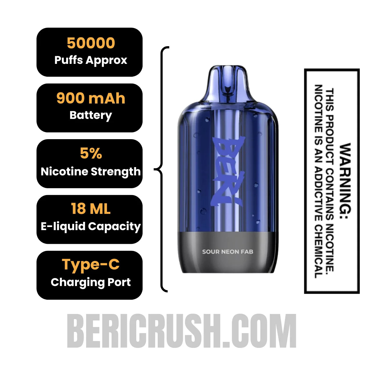 Sour Neon Fab Beri Cliq 50K Disposable Vape Pod Specifications