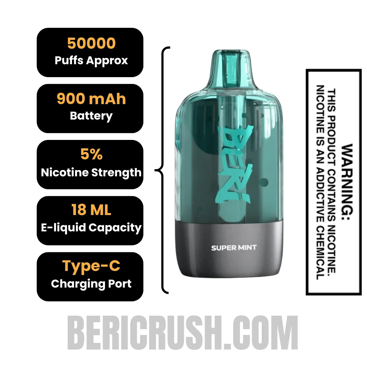 Super Mint Beri Cliq 50K Disposable Vape Pod Specifications